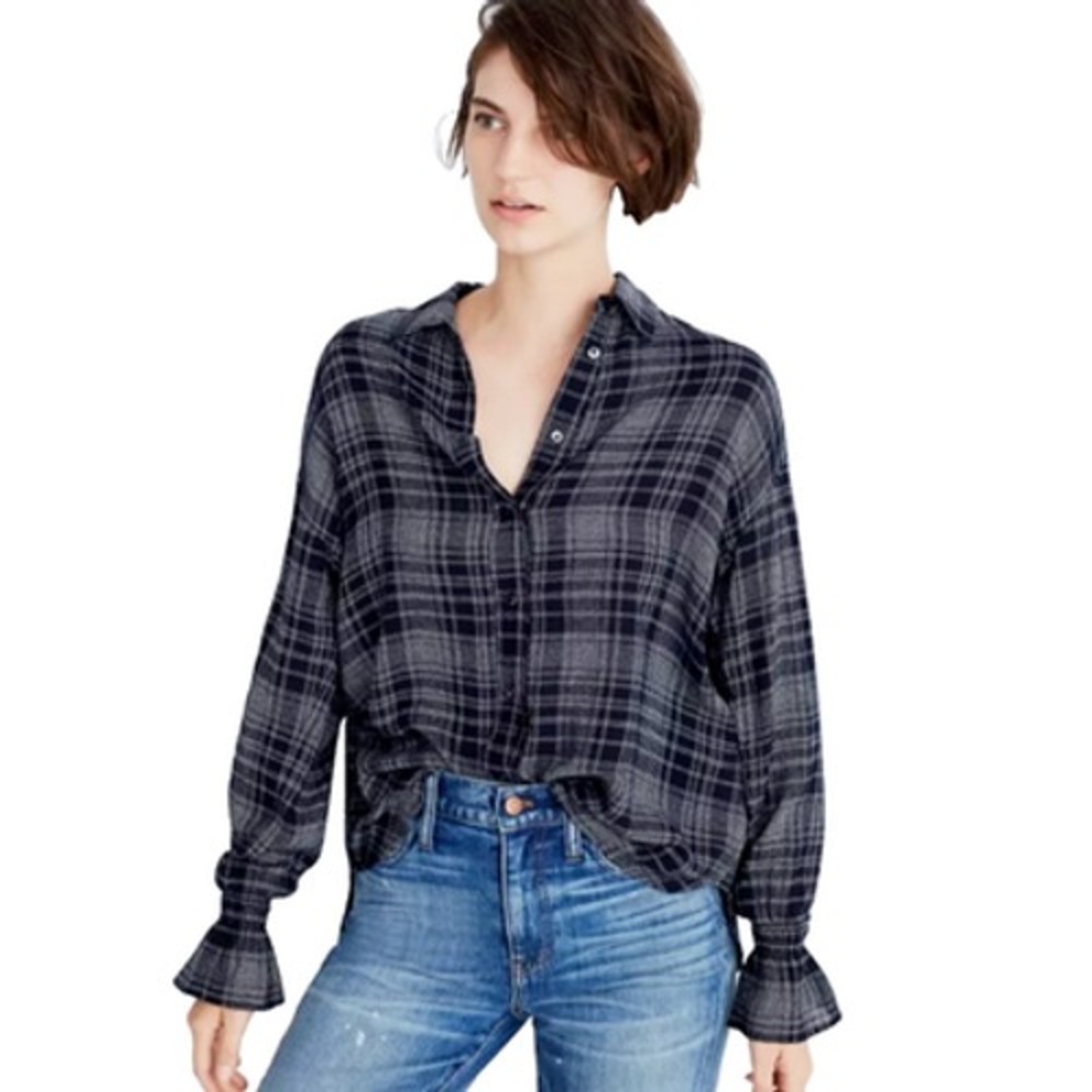 MADEWELL Blouse Westward Bell Sleeve Shirt Womens S Navy Blue White Plaid G7430